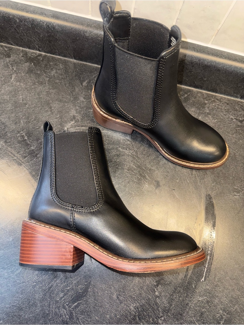 Steve Madden Black Leather Chelsea Booties with Stacked Brown Heel